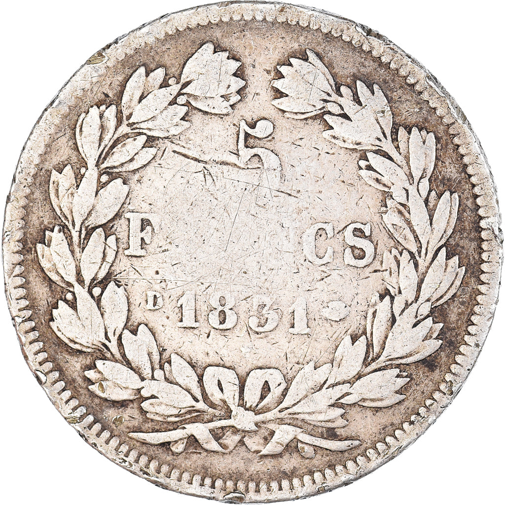 Moneta, Francia, Louis-Philippe, 5 Francs, 1831, Lyon, MB, Argento, KM:745.4