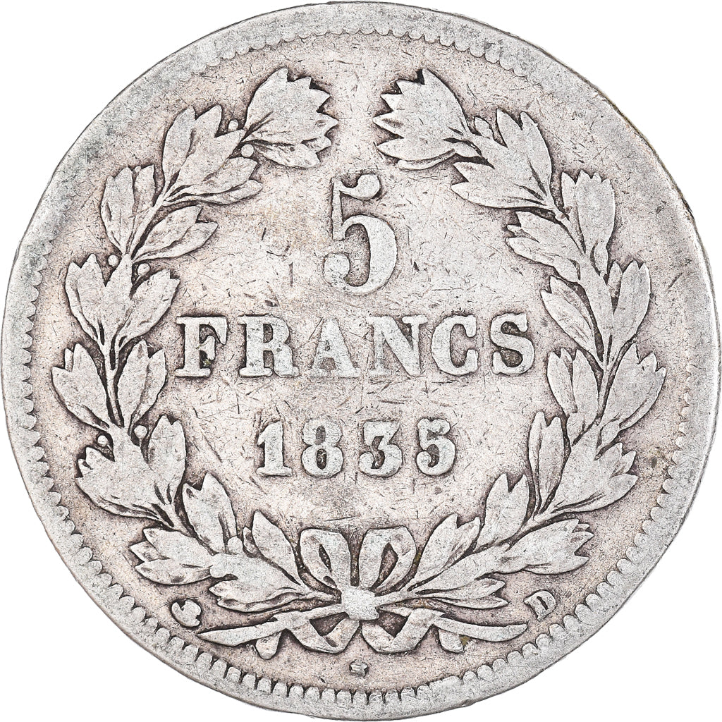 Coin, France, Louis-Philippe, 5 Francs, 1835, Lyon, VF(30-35), Silver, KM:749.4