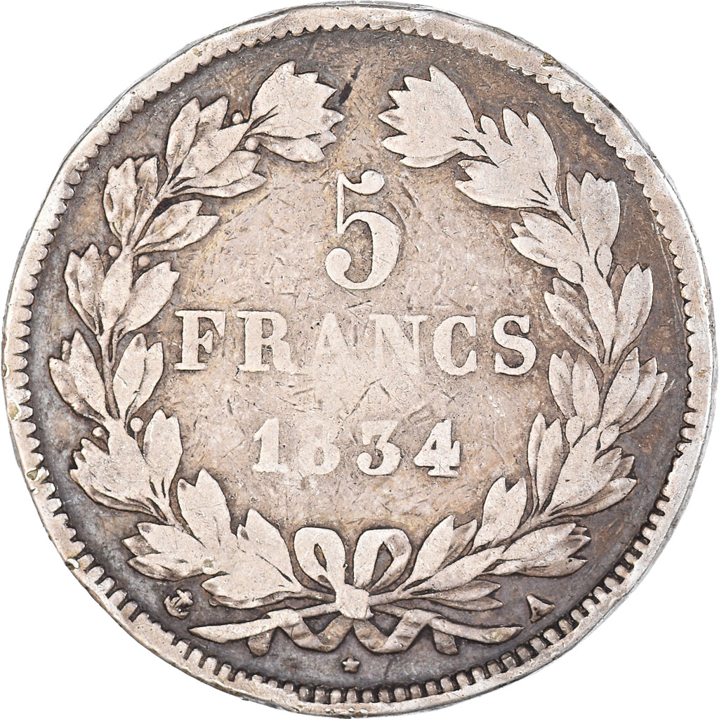 Monnaie, France, Louis-Philippe, 5 Francs, 1834, Paris, TB, Argent, Gadoury:678