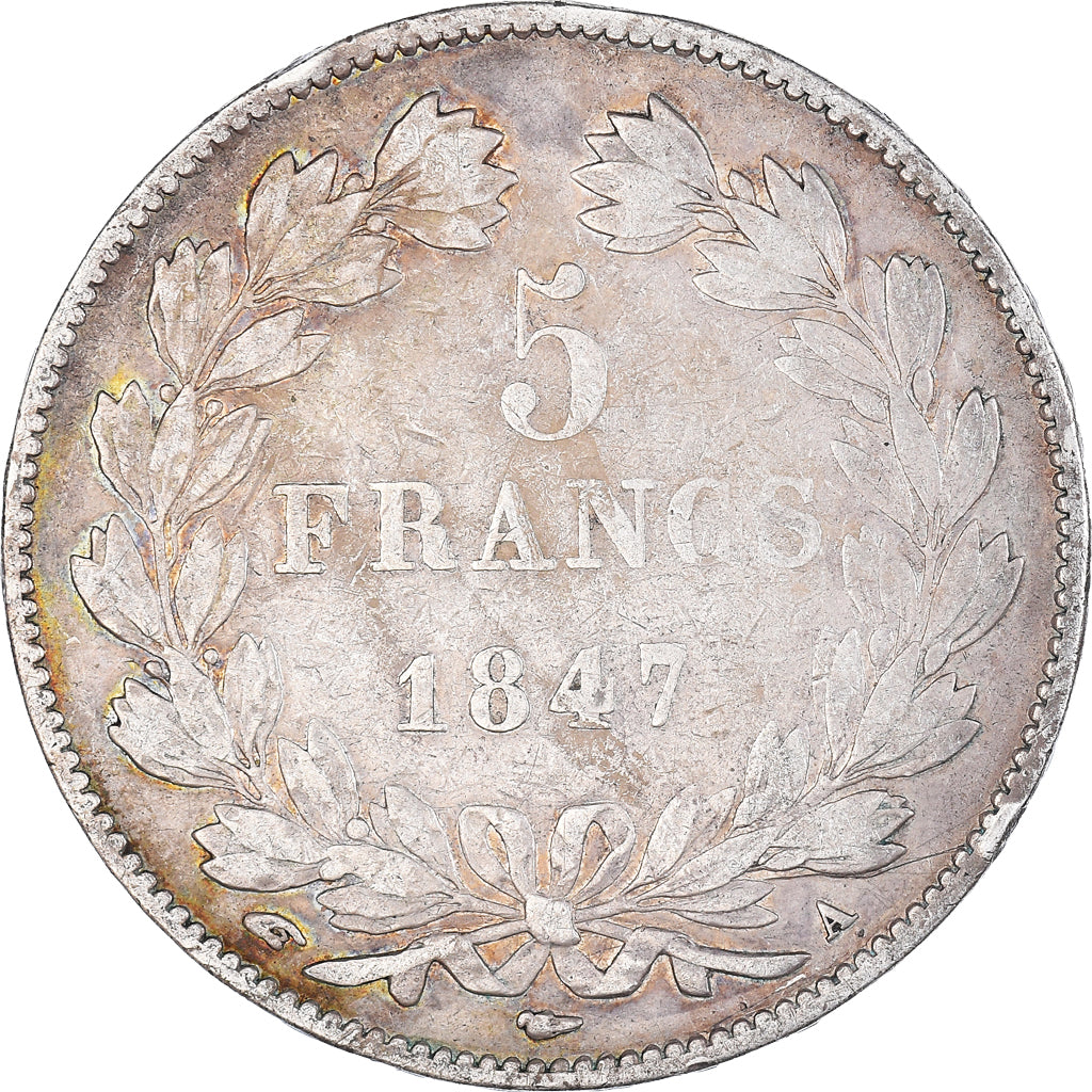 Moneda, Francia, Louis-Philippe, 5 Francs, 1847, Paris, BC+, Plata, KM:749.1