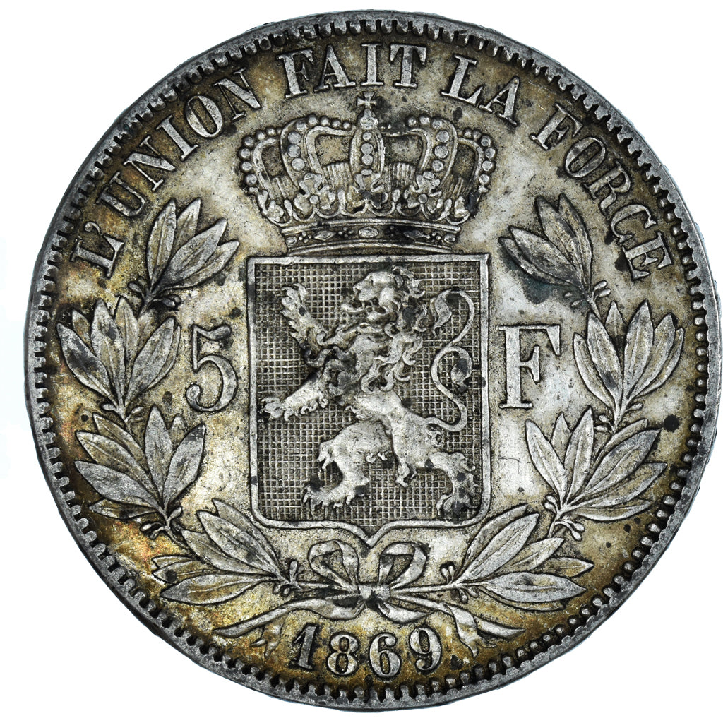 Moneta, Belgia, Leopold II, 5 Francs, 5 Frank, 1869, VF(30-35), Srebro, KM:24