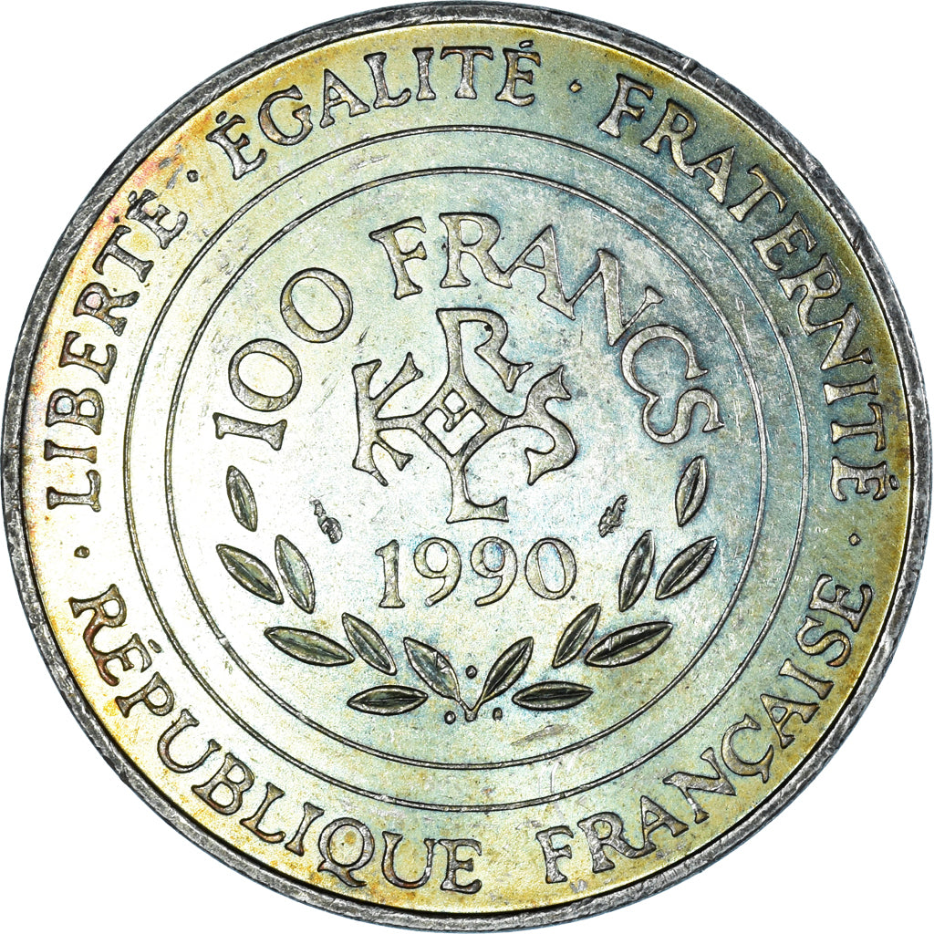 Moeda, França, Charlemagne, 100 Francs, 1990, Paris, AU(55-58), Prata, KM:982