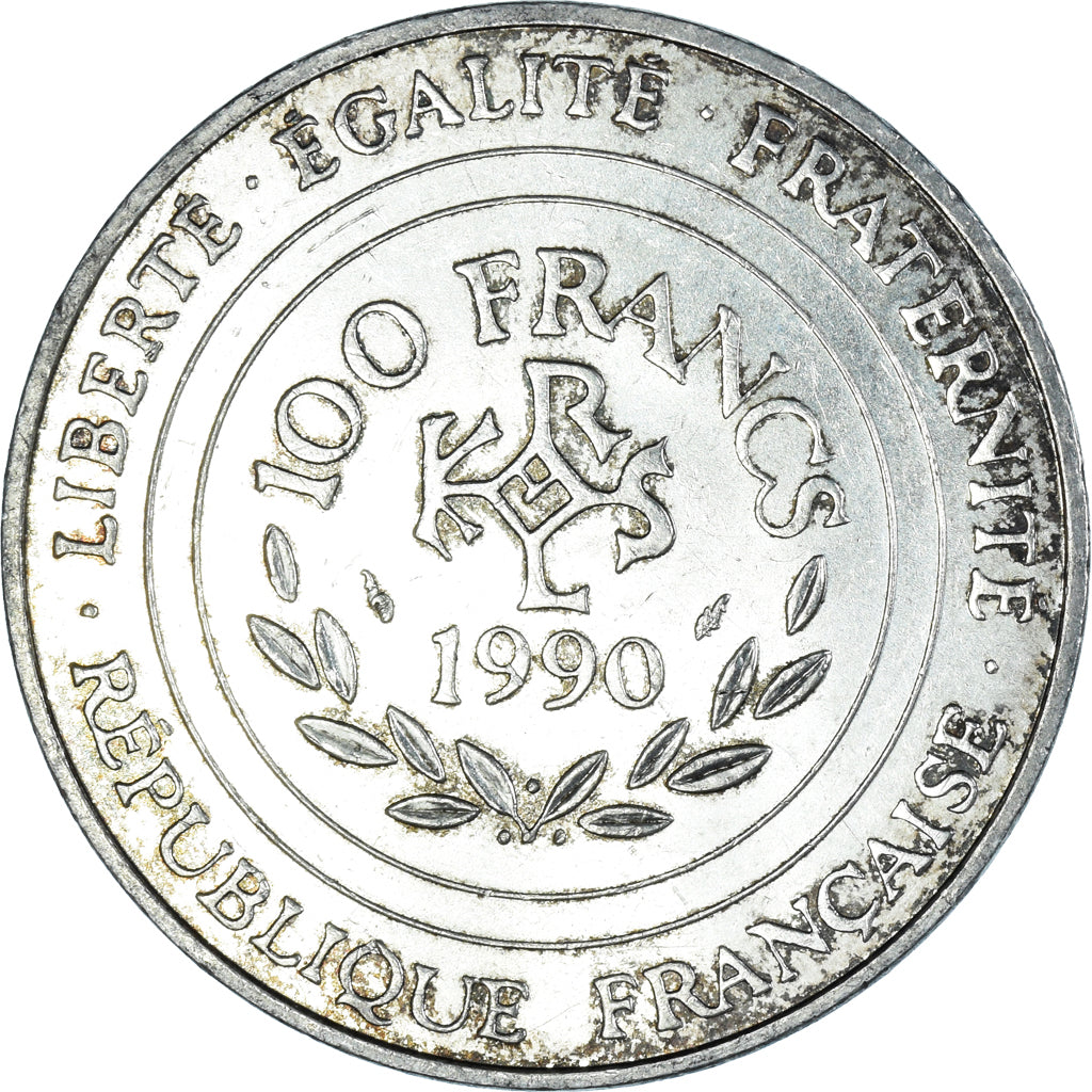 Moeda, França, Charlemagne, 100 Francs, 1990, Paris, AU(55-58), Prata, KM:982