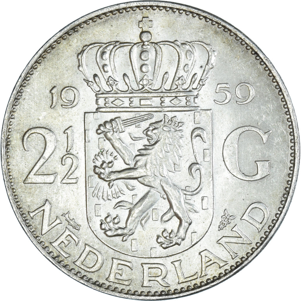 Moneta, Holandia, Juliana, 2-1/2 Gulden, 1959, AU(55-58), Srebro, KM:185