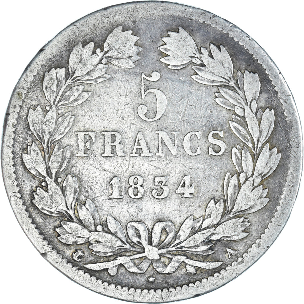 Moneda, Francia, Louis-Philippe, 5 Francs, 1834, Paris, BC+, Plata, KM:749.1