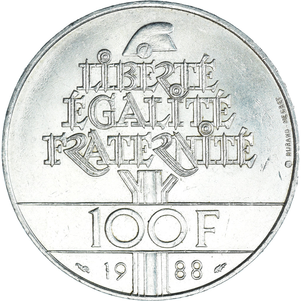 Moneta, Francja, Fraternité, 100 Francs, 1988, MS(60-62), Srebro, KM:966