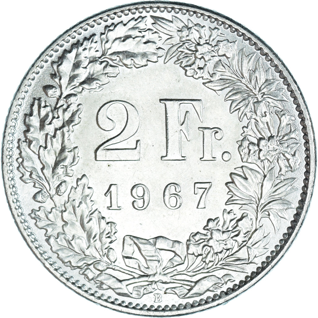 Coin, Switzerland, 2 Francs, 1967, Bern, MS(65-70), Silver, KM:21
