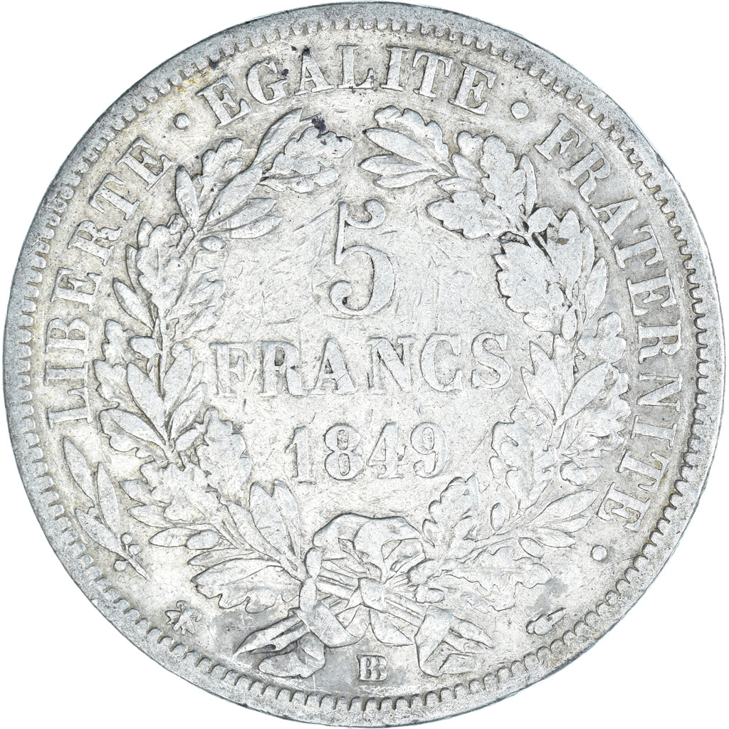 Moeda, França, Cérès, 5 Francs, 1849, Strasbourg, VF(30-35), Prata, KM:761.2