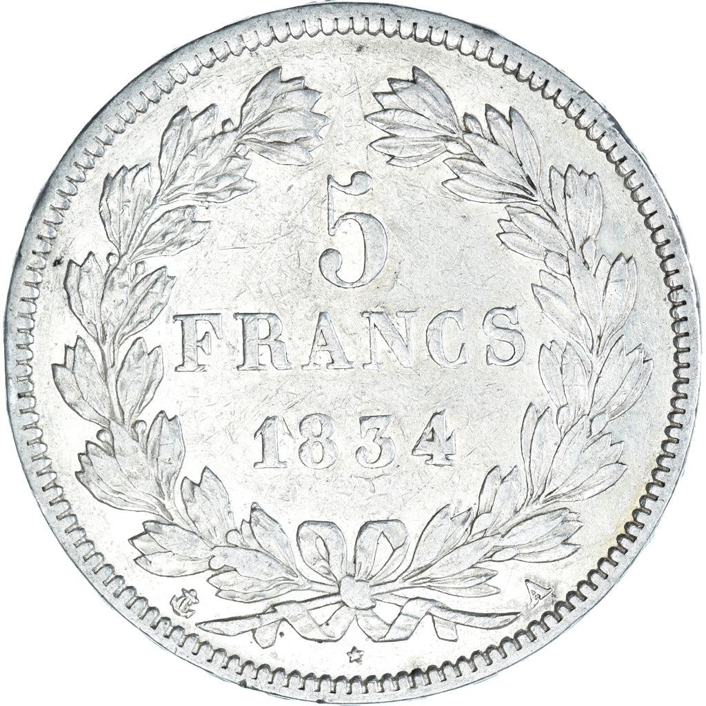 Moeda, França, Louis-Philippe, 5 Francs, 1834, Paris, VF(30-35), Prata