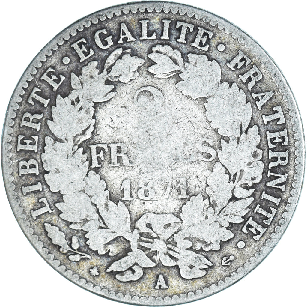Moneta, Francia, Cérès, 2 Francs, 1871, Paris, MB, Argento, KM:817.1