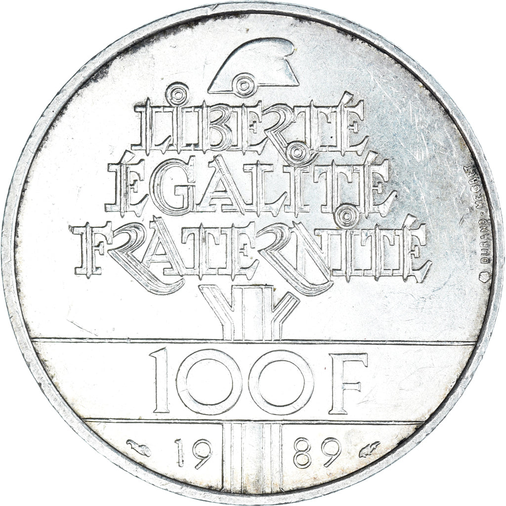 Moneta, Francja, Droits de l'Homme, 100 Francs, 1989, AU(50-53), Srebro, KM:970