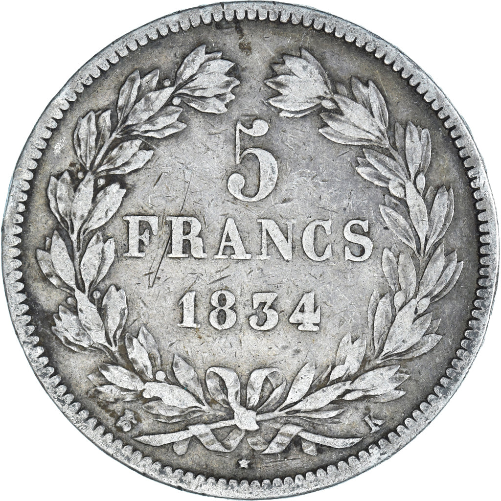 Moeda, França, Louis-Philippe, 5 Francs, 1834, Bordeaux, VF(20-25), Prata