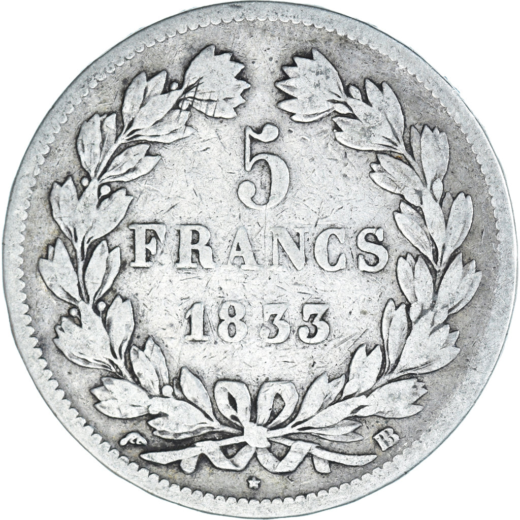 Münze, Frankreich, Louis-Philippe, 5 Francs, 1833, Strasbourg, S, Silber