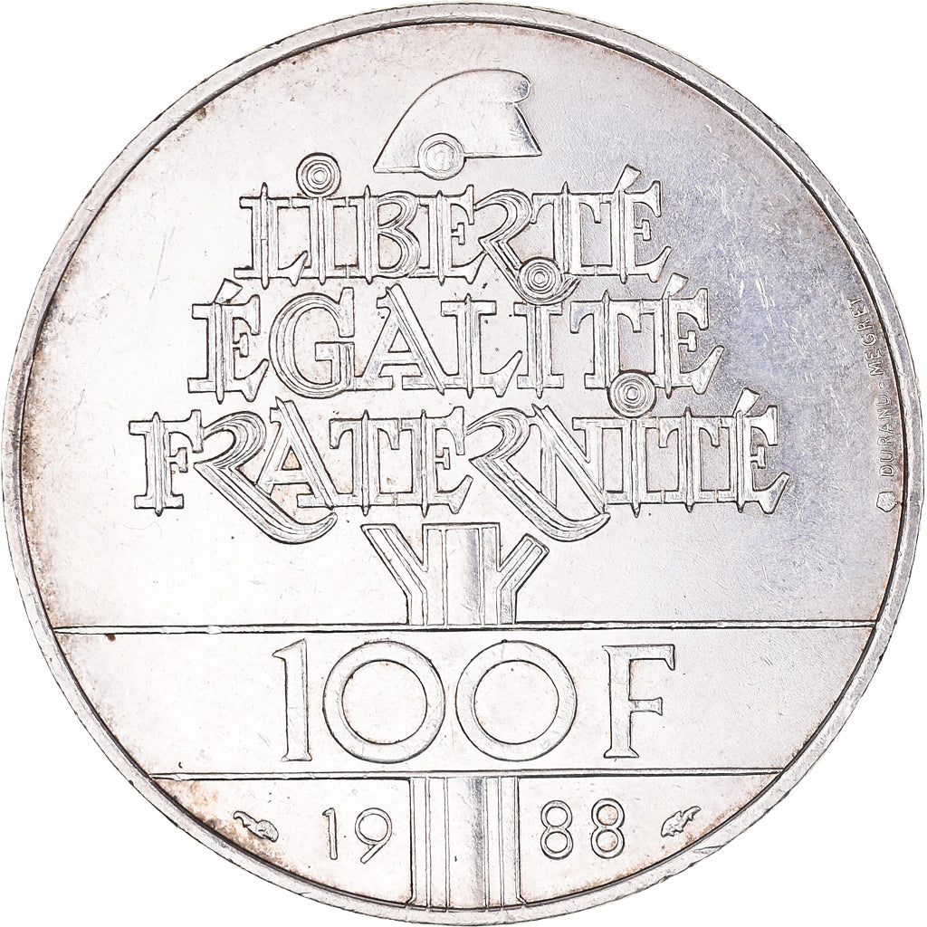 Moneta, Francja, Fraternité, 100 Francs, 1988, AU(55-58), Srebro, KM:966