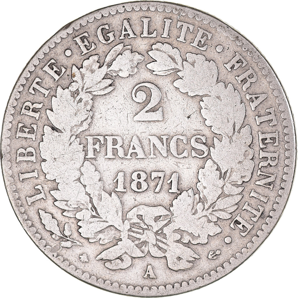 Moneda, Francia, Cérès, 2 Francs, 1871, Paris, BC+, Plata, KM:817.1