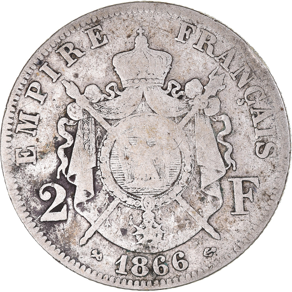 Moneda, Francia, Napoleon III, Napoléon III, 2 Francs, 1866, Bordeaux, BC+