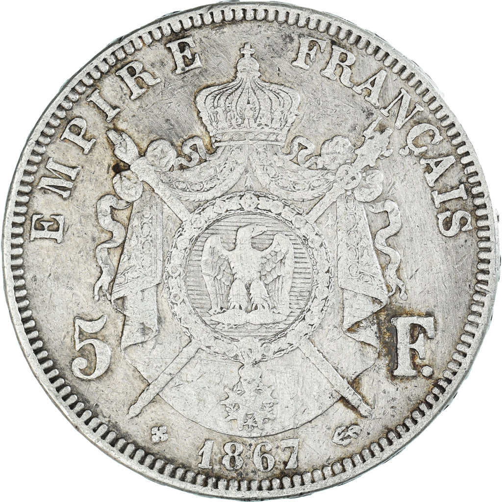Moeda, França, Napoléon III, 5 Francs, 1867, Strasbourg, VF(30-35), Prata