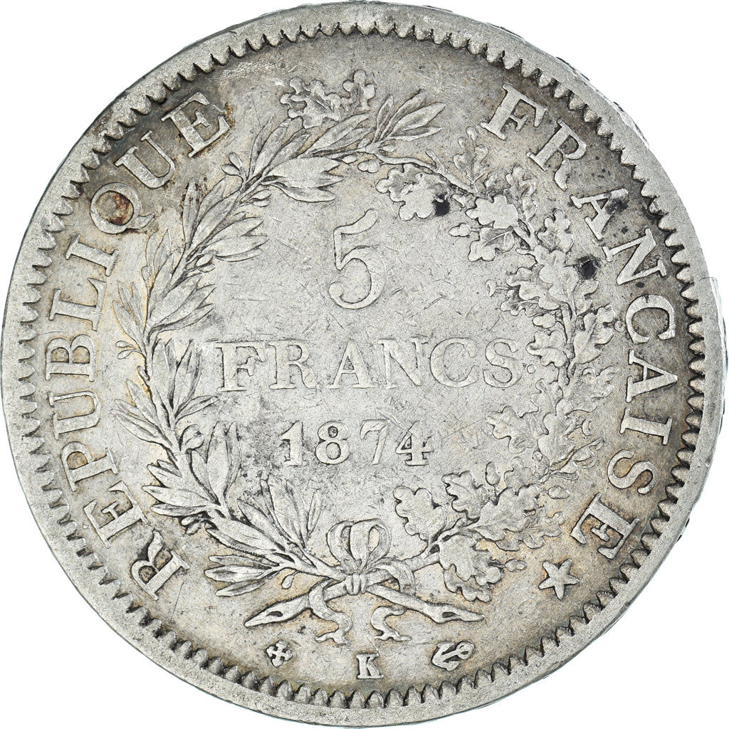 Moeda, França, Hercule, 5 Francs, 1874, Bordeaux, VF(30-35), Prata, KM:820.2