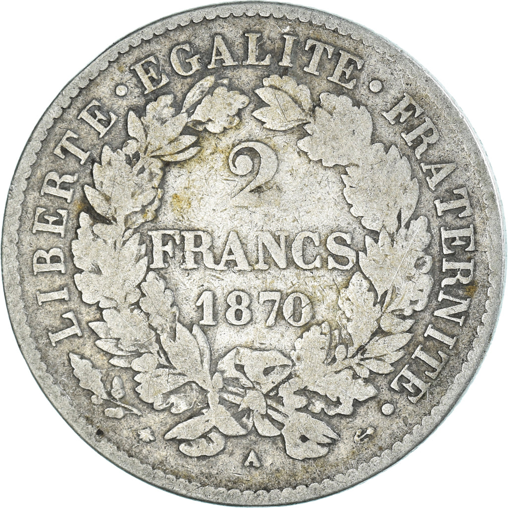 Moneta, Francia, Cérès, 2 Francs, 1870, Paris, MB+, Argento, KM:816.1