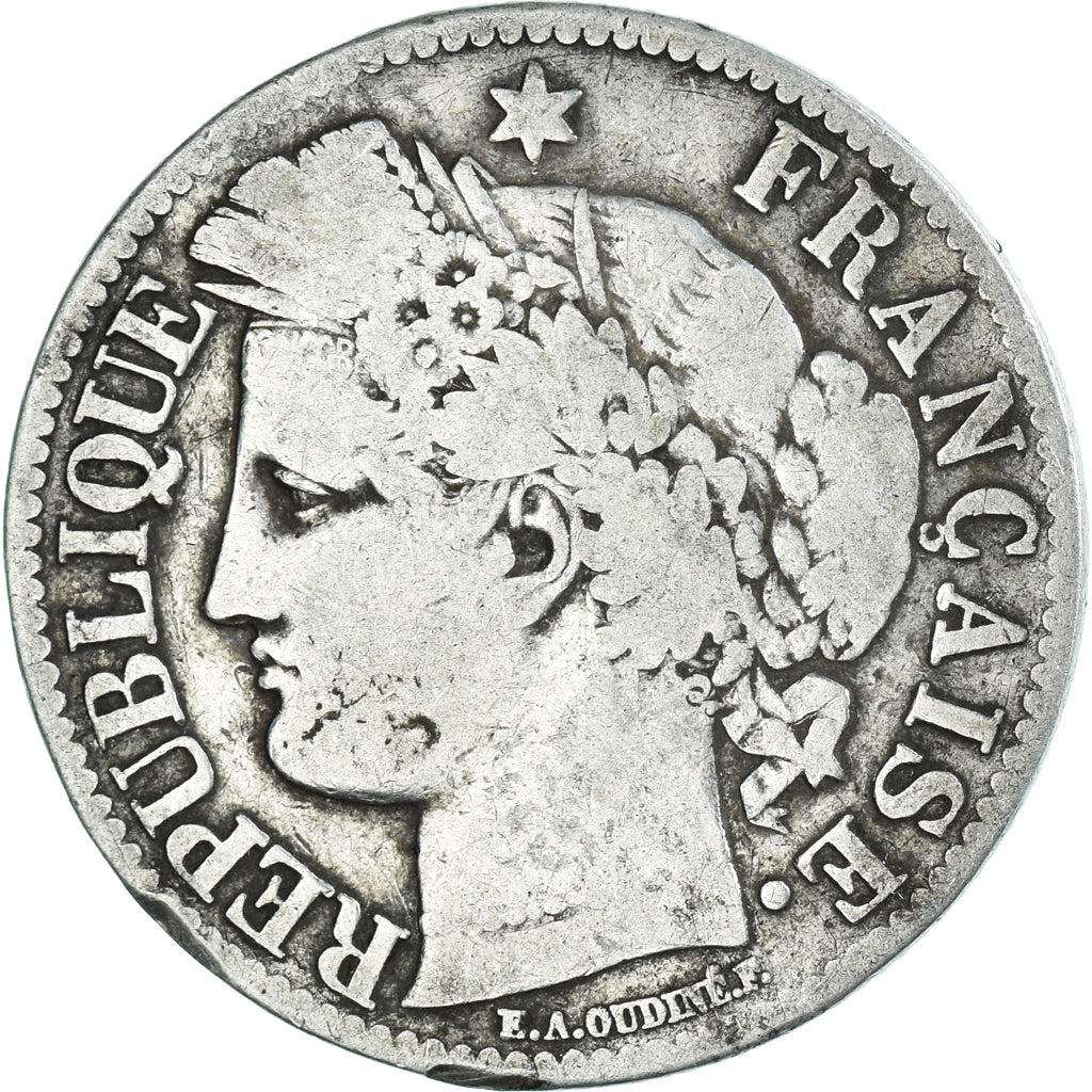 Moneda, Francia, Cérès, 2 Francs, 1871, Bordeaux, BC+, Plata, KM:816.2