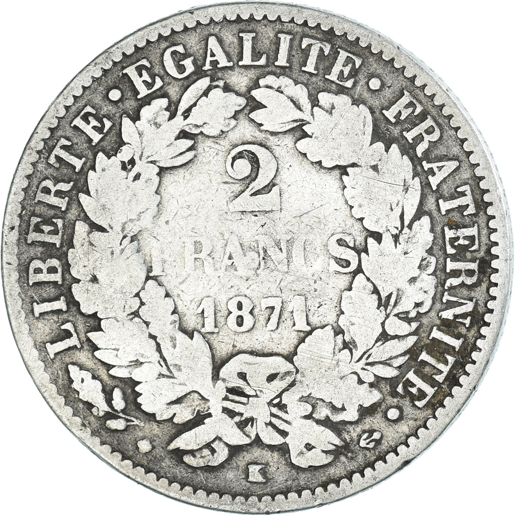 Moneda, Francia, Cérès, 2 Francs, 1871, Bordeaux, BC+, Plata, KM:816.2