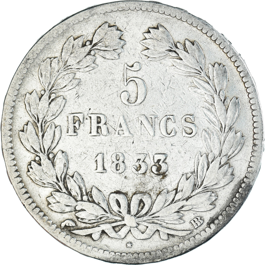 Moneta, Francja, Louis-Philippe, 5 Francs, 1833, Strasbourg, VF(30-35), Srebro