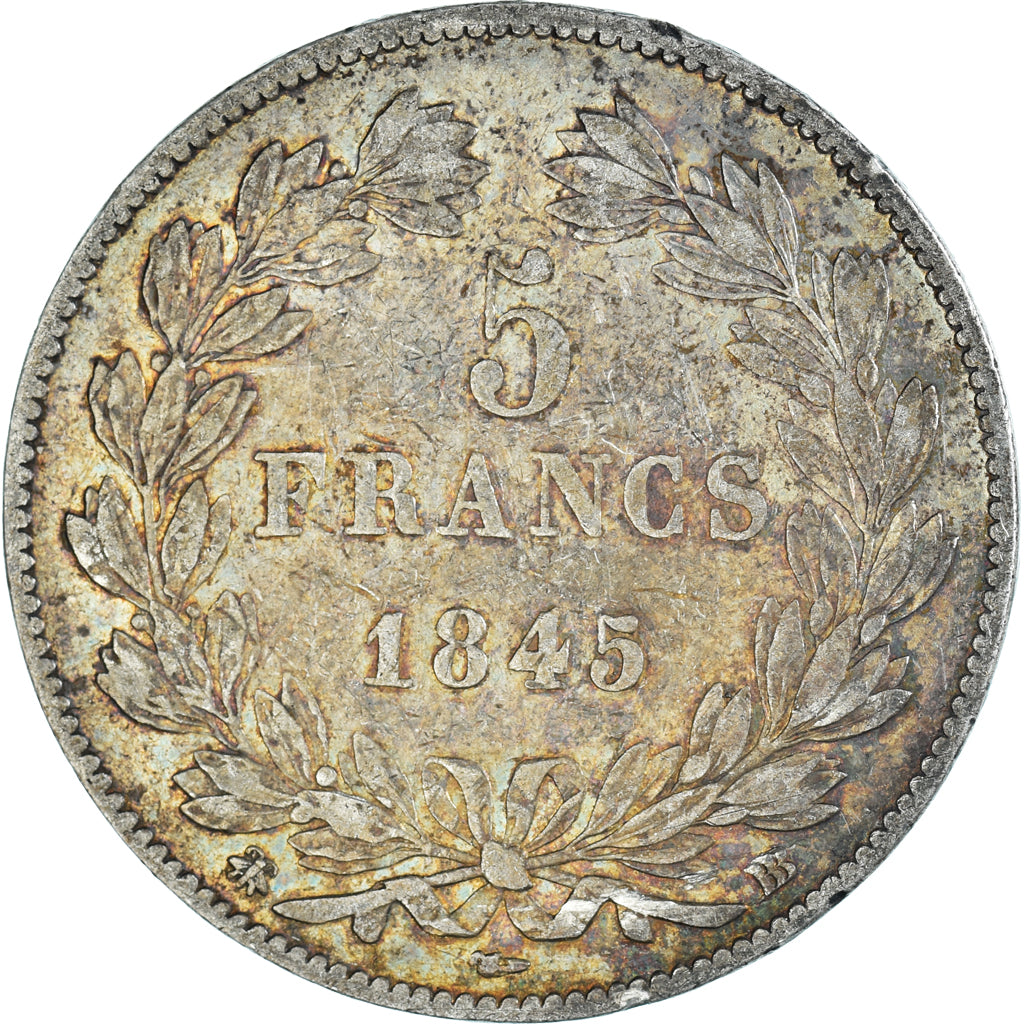 Moneta, Francia, Louis-Philippe, 5 Francs, 1845, Strasbourg, MB+, Argento