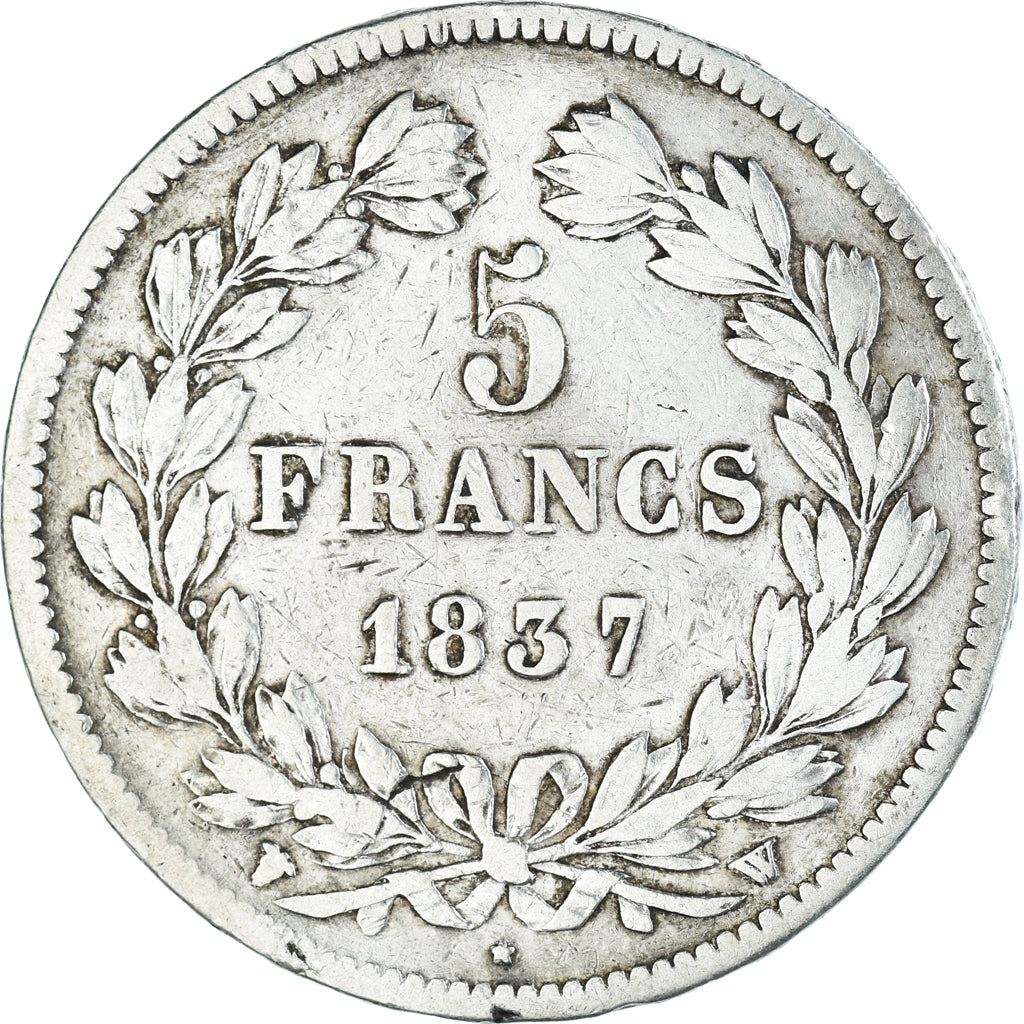 Moneda, Francia, Louis-Philippe, 5 Francs, 1837, Lille, BC+, Plata, KM:749.13