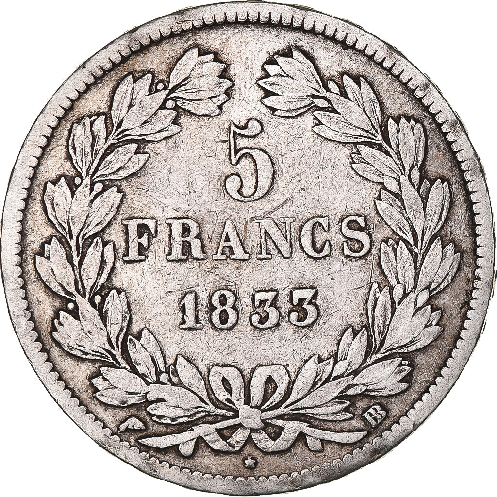 Munten, Frankrijk, Louis-Philippe, 5 Francs, 1833, Strasbourg, FR+, Zilver