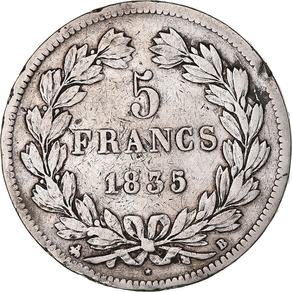 Moeda, França, Louis-Philippe, 5 Francs, 1835, Rouen, VF(20-25), Prata