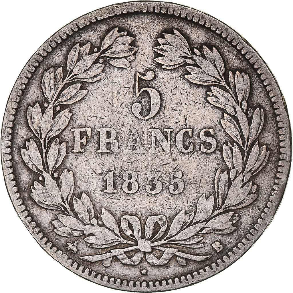 Moneda, Francia, Louis-Philippe, 5 Francs, 1835, Rouen, BC+, Plata, KM:749.2