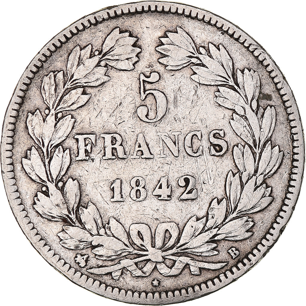 Moeda, França, Louis-Philippe, 5 Francs, 1842, Rouen, VF(30-35), Prata