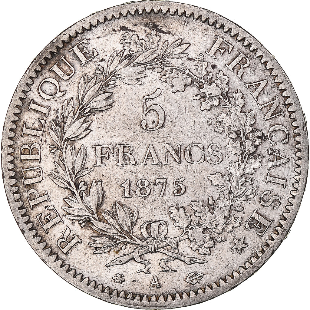 Moneda, Francia, Hercule, 5 Francs, 1875, Paris, BC+, Plata, KM:820.1