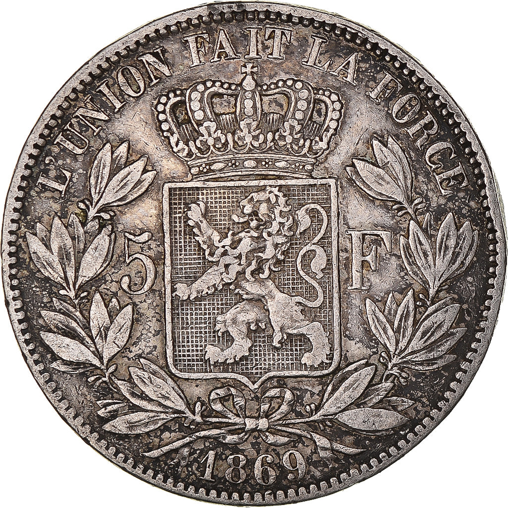 Moneda, Bélgica, Leopold II, 5 Francs, 5 Frank, 1869, MBC, Plata, KM:24