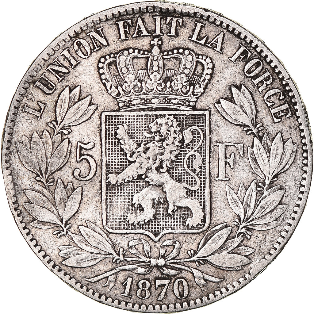 Coin, Belgium, Leopold II, 5 Francs, 5 Frank, 1870, Brussels, EF(40-45), Silver