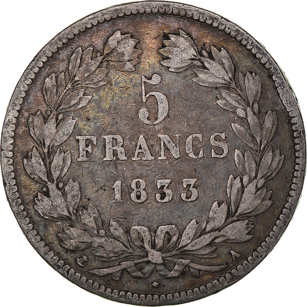 Moneta, Francia, Louis-Philippe, 5 Francs, 1833, Paris, MB, Argento, KM:749.1