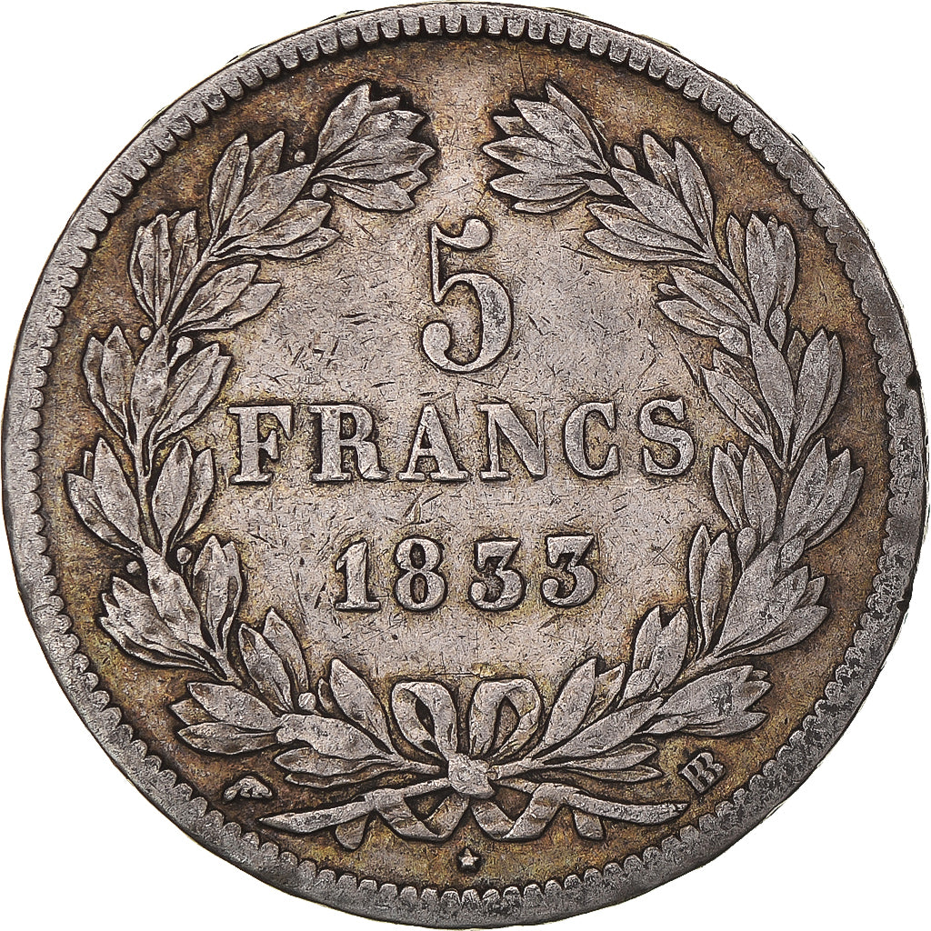 Moeda, França, Louis-Philippe, 5 Francs, 1833, Strasbourg, EF(40-45), Prata