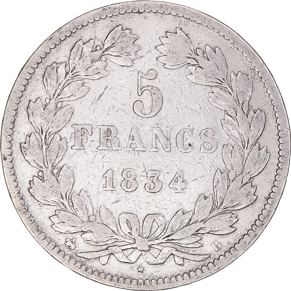 Coin, France, Louis-Philippe, 5 Francs, 1834, Rouen, VF(30-35), Silver