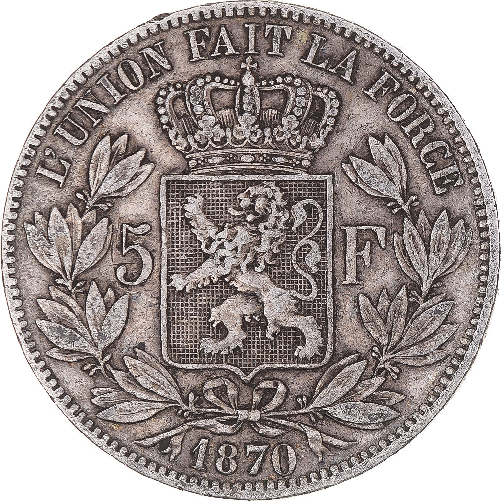 Moneda, Bélgica, Leopold II, 5 Francs, 5 Frank, 1870, Brussels, BC+, Plata