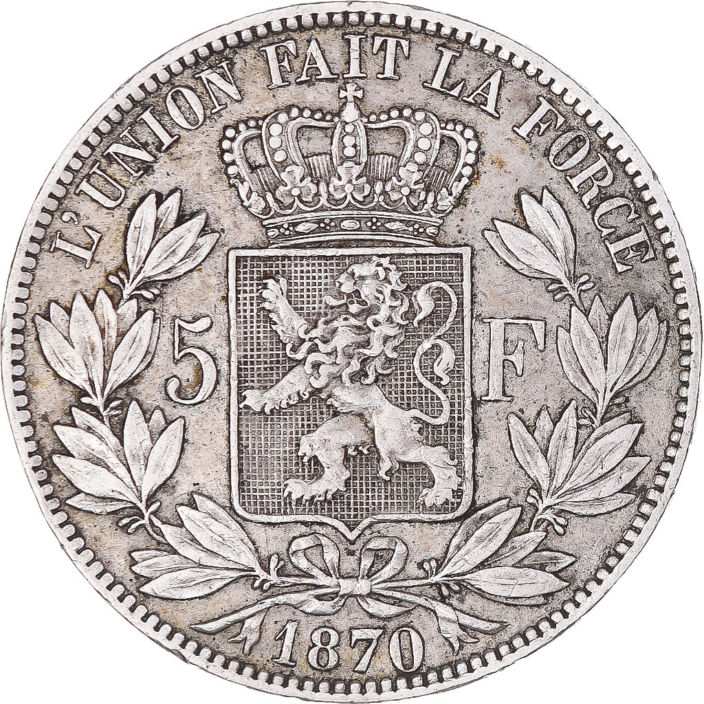 Coin, Belgium, Leopold II, 5 Francs, 5 Frank, 1870, Brussels, EF(40-45), Silver