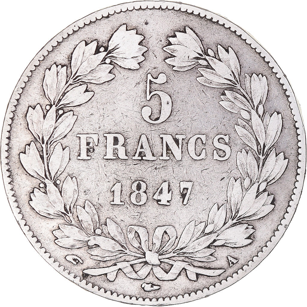 Moneda, Francia, Louis-Philippe, 5 Francs, 1847, Paris, BC+, Plata, KM:749.1