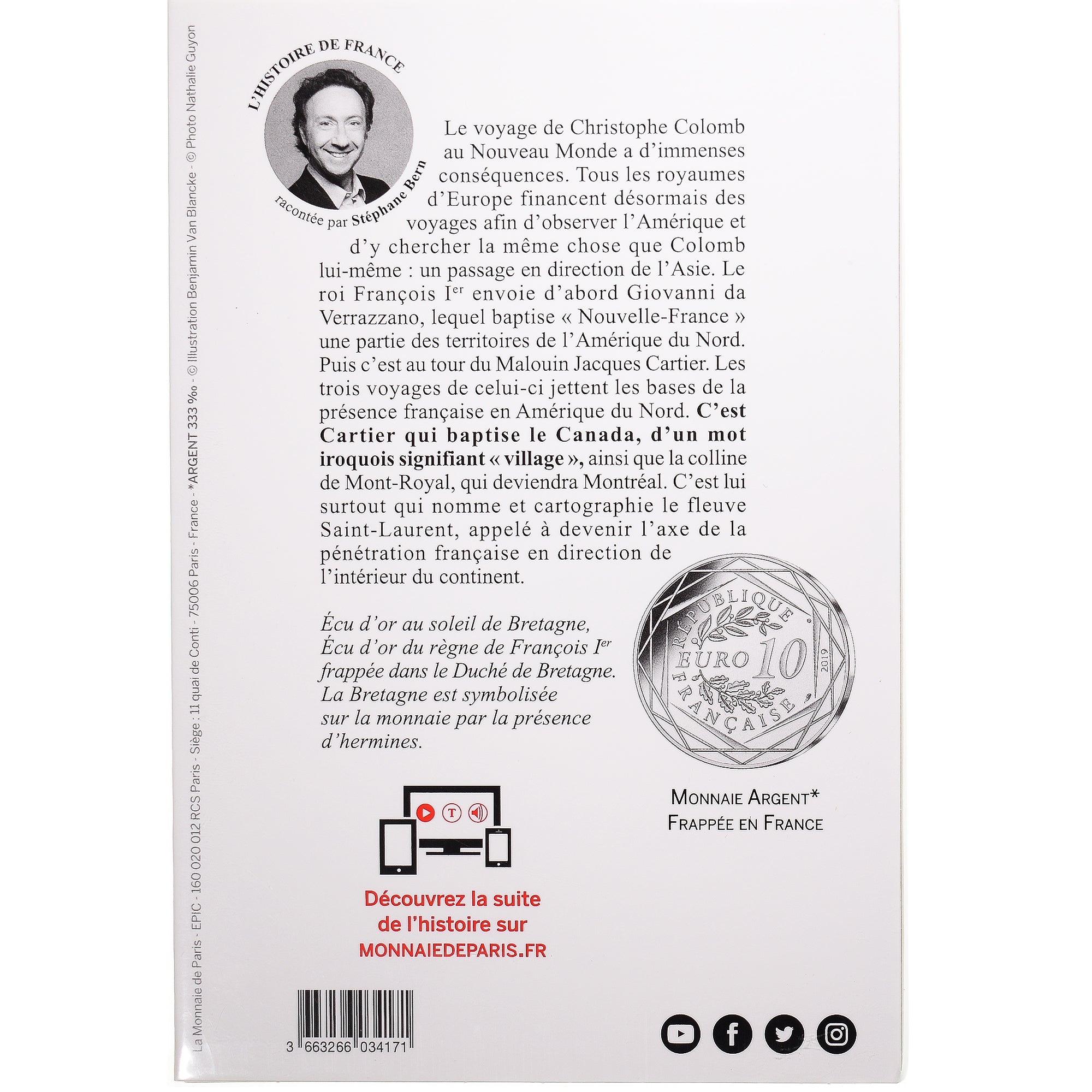 France, Monnaie de Paris, 10 Euro, Pièce d'Histoire - Jacques Cartier, 2019