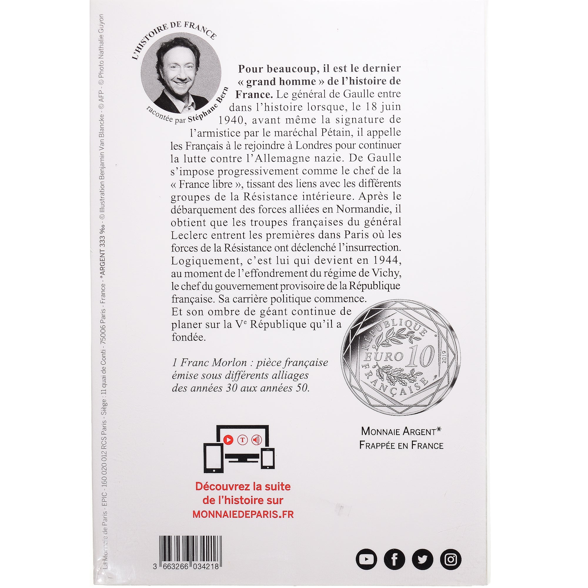 Frankreich, Monnaie de Paris, 10 Euro, Pièce d'Histoire - Charles de Gaulle