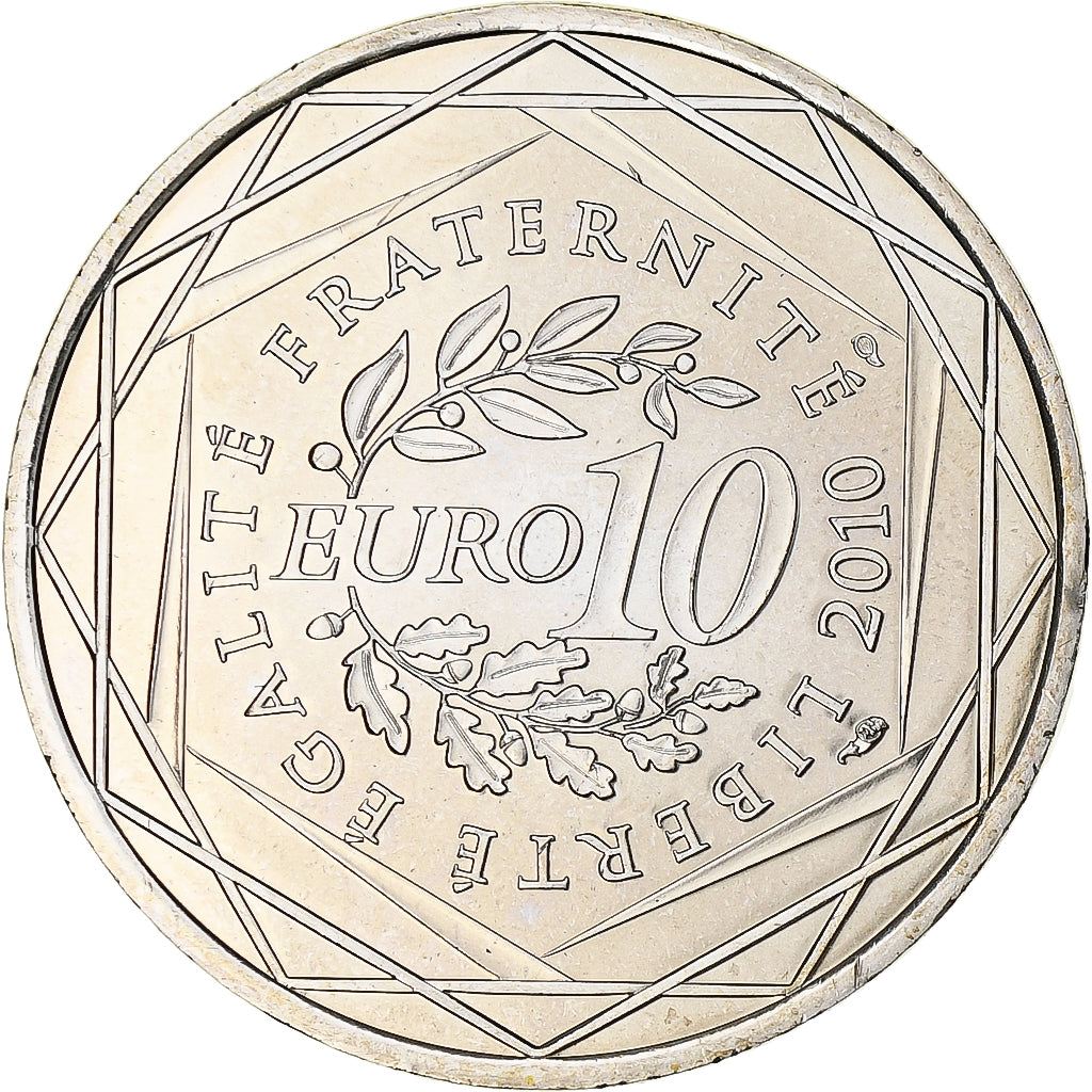 França, 10 Euro, Auvergne, 2010, Paris, MS(65-70), Prata, KM:1646