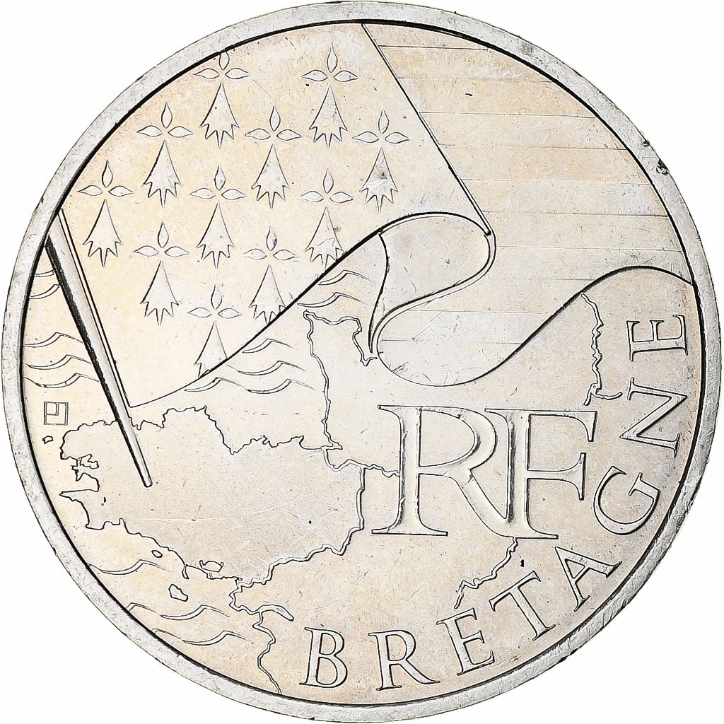 França, 10 Euro, Bretagne, 2010, Paris, MS(60-62), Prata, KM:1648