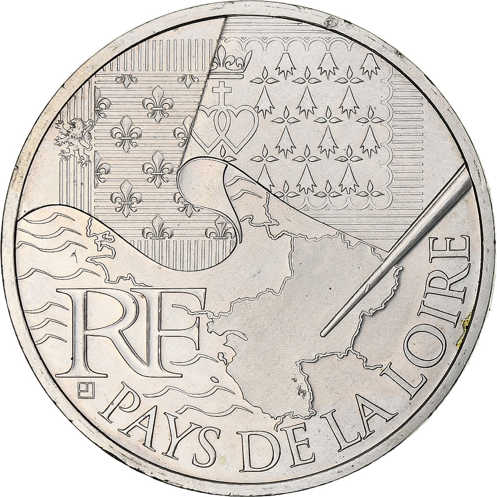 França, 10 Euro, Pays de la Loire, 2010, Paris, MS(64), Prata, KM:1665