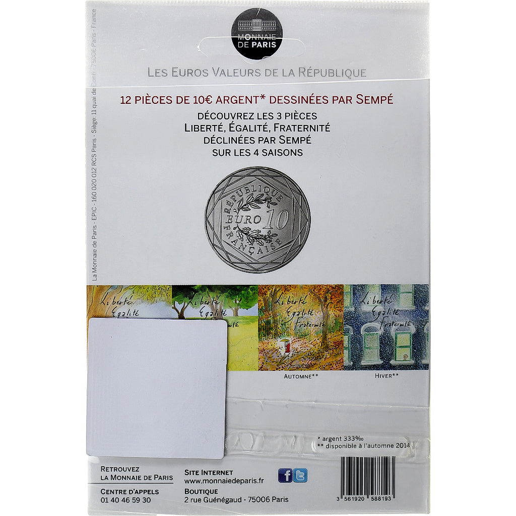 France, 10 Euro, Fraternité, 2014, SEMPÉ - FRATERNITÉ, MS(65-70), Silver