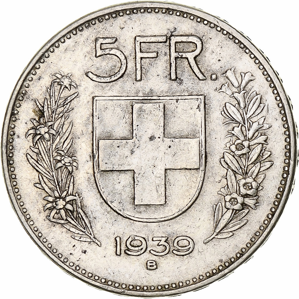 Moeda, Suíça, 5 Francs, 1939, Bern, EF(40-45), Prata, KM:40