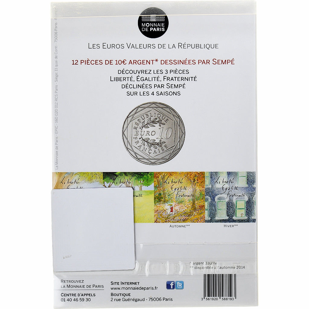 França, 10 Euro, Egalité, 2014, Sempé Égalité Printemps, MS(65-70), Prata
