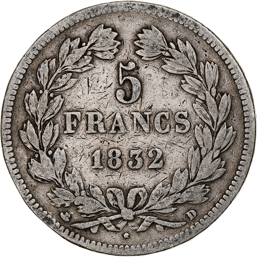 Moneta, Francia, Louis-Philippe, 5 Francs, 1832, Lyon, MB, Argento, KM:749.4